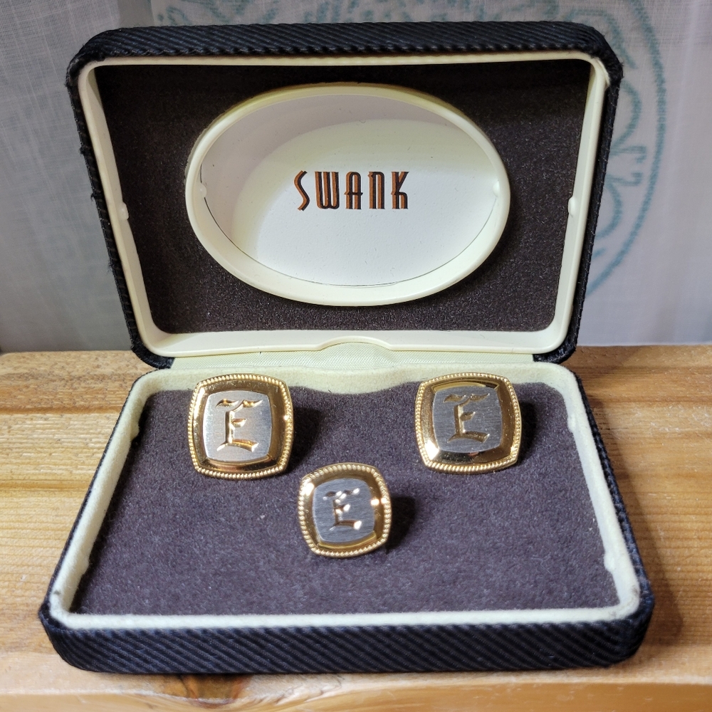 Vintage Swank Letter E Engraved Cufflinks & Tie Tack Set In Original Box